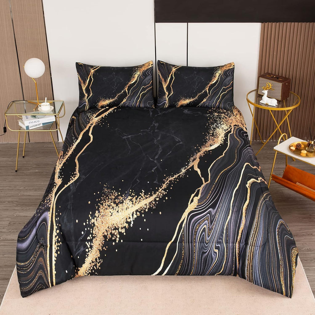 Tailor Shop Marble Bedding Set Soft Microfiber Black and Gold Comforter Set Queen for Kids Men and Women with 1 Marble