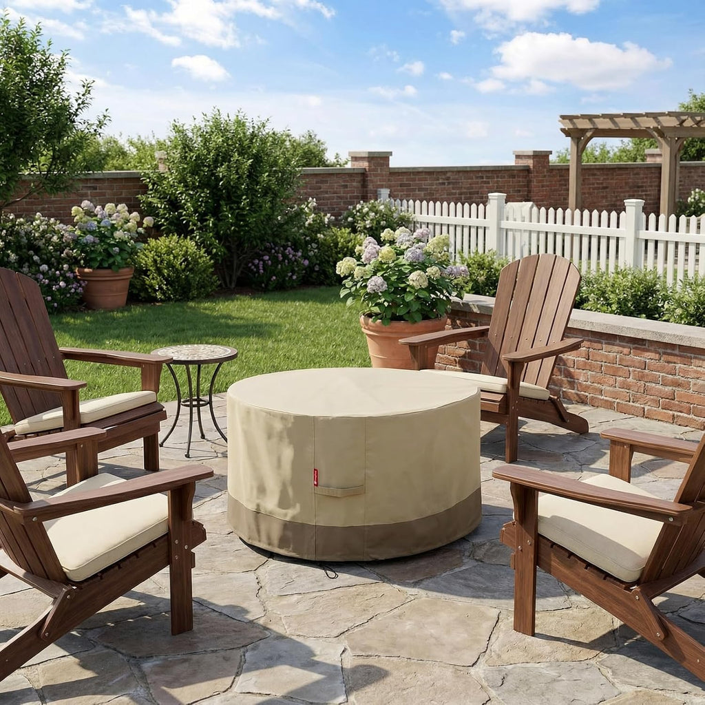 Round 44 Inch Fire Pit Cover - Waterproof 600D Heavy Duty - Fits 40-44 Inch Outdoor Fire Pit Tables - Beige