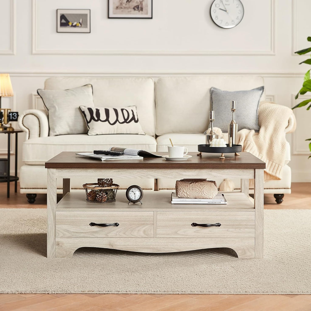 Farmhouse Coffee Table with Storage, Wood Coffee Table, Open Display Area and Storage Drawers with Metal Handles