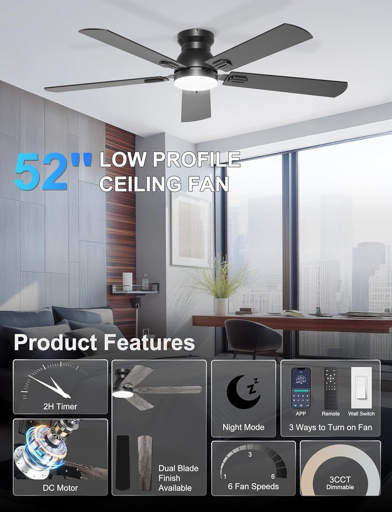 52'' Flush Mount Ceiling Fan with Lights, Space-Saving Low Profile for Low Ceilings, App/Remote Control