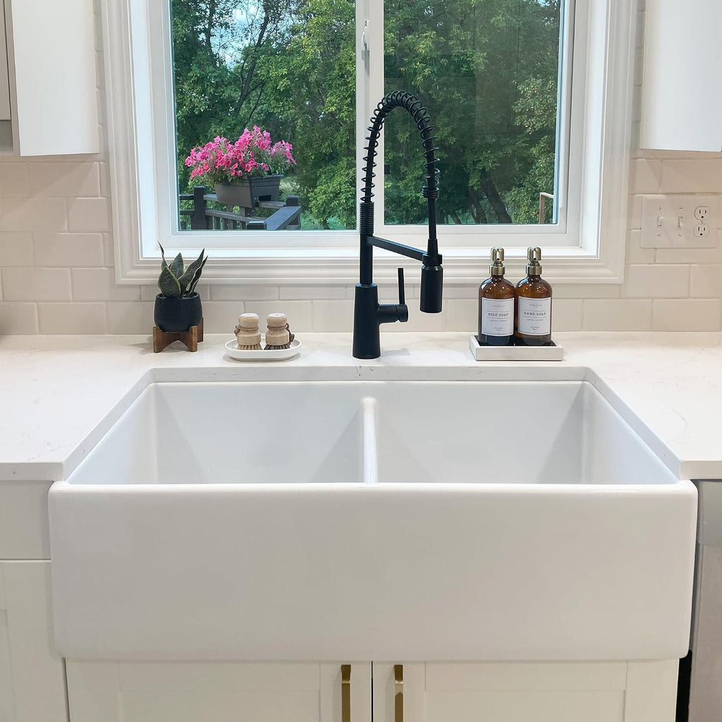 Austen 36 in White Fireclay Farmhouse Sink, Double Bowl