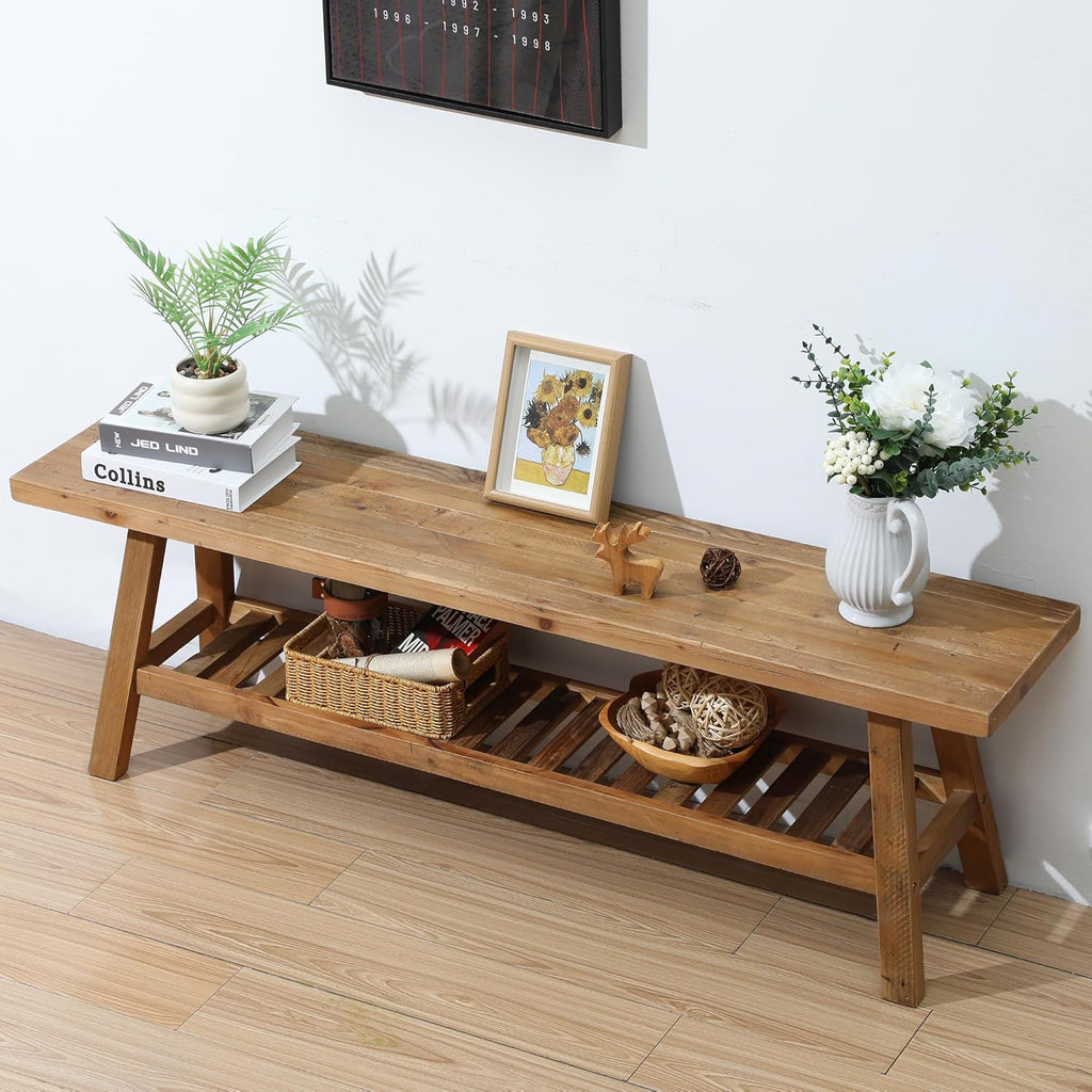 Reclaimed Solid Wood Bench-55 Inches Farmhouse Entryway Bench with Storage Shelf, Narrow Rustic Bench , Dining