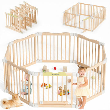 Foldable Wooden Playpen, Natural Pine, 30 x 30 x 24 inches