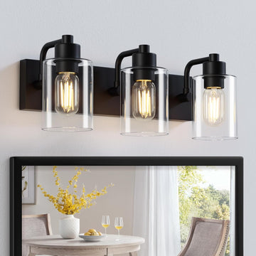 Bathroom Light Fixtures,Matte Black 3-Light Bathroom Lights Over Mirror with Clear Glass Shade,Wall Sconces Living