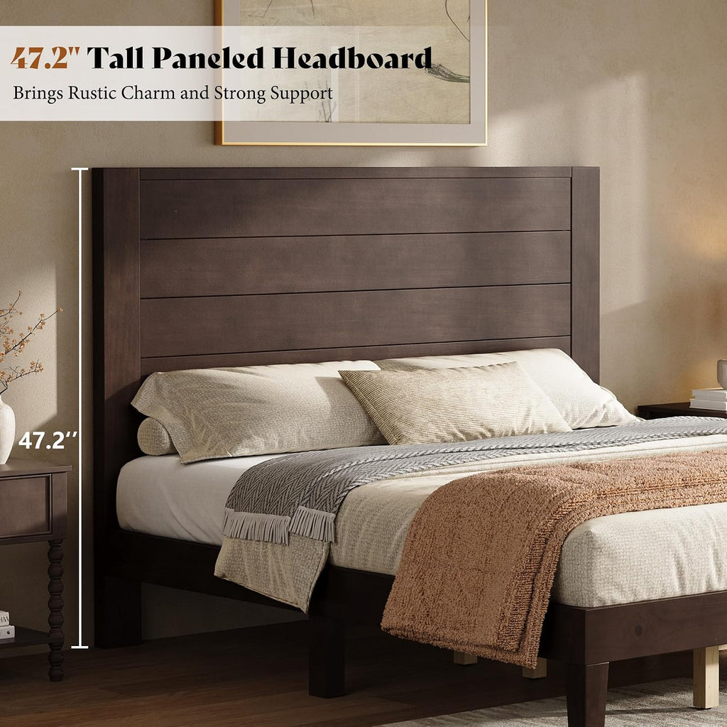 Queen Bed Frame with 48" Tall Headboard, Mid Century Modern Solid Wood Platform Bed with Silent Wood Slat System, No