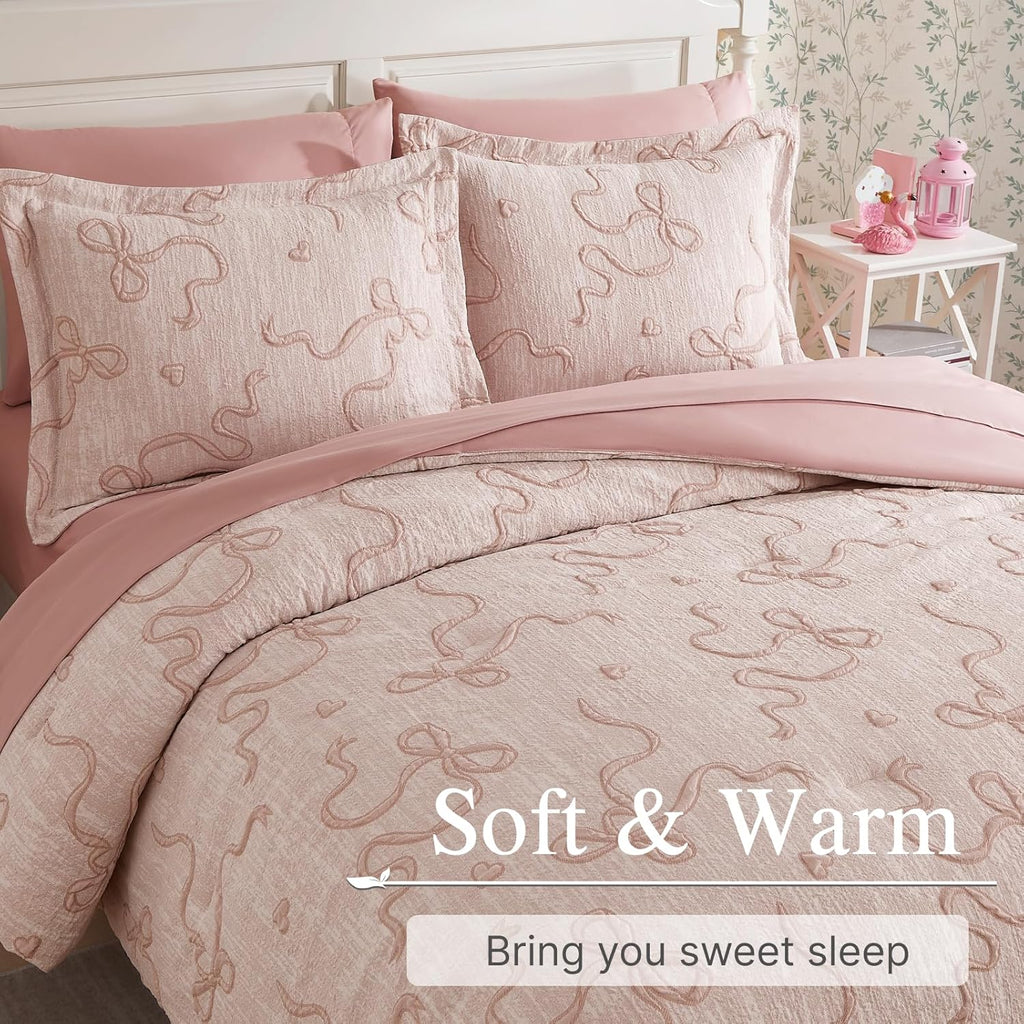 Full Comforter Sets for Girls - 7 Pieces Pink Bedding Bow Bed in a Bag - Set of 7