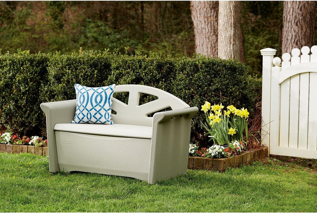 Resin Outdoor Storage Bench (32 Gal), Weather Resistant, Brown/Grey, Deck Organization /Backyard/Pool