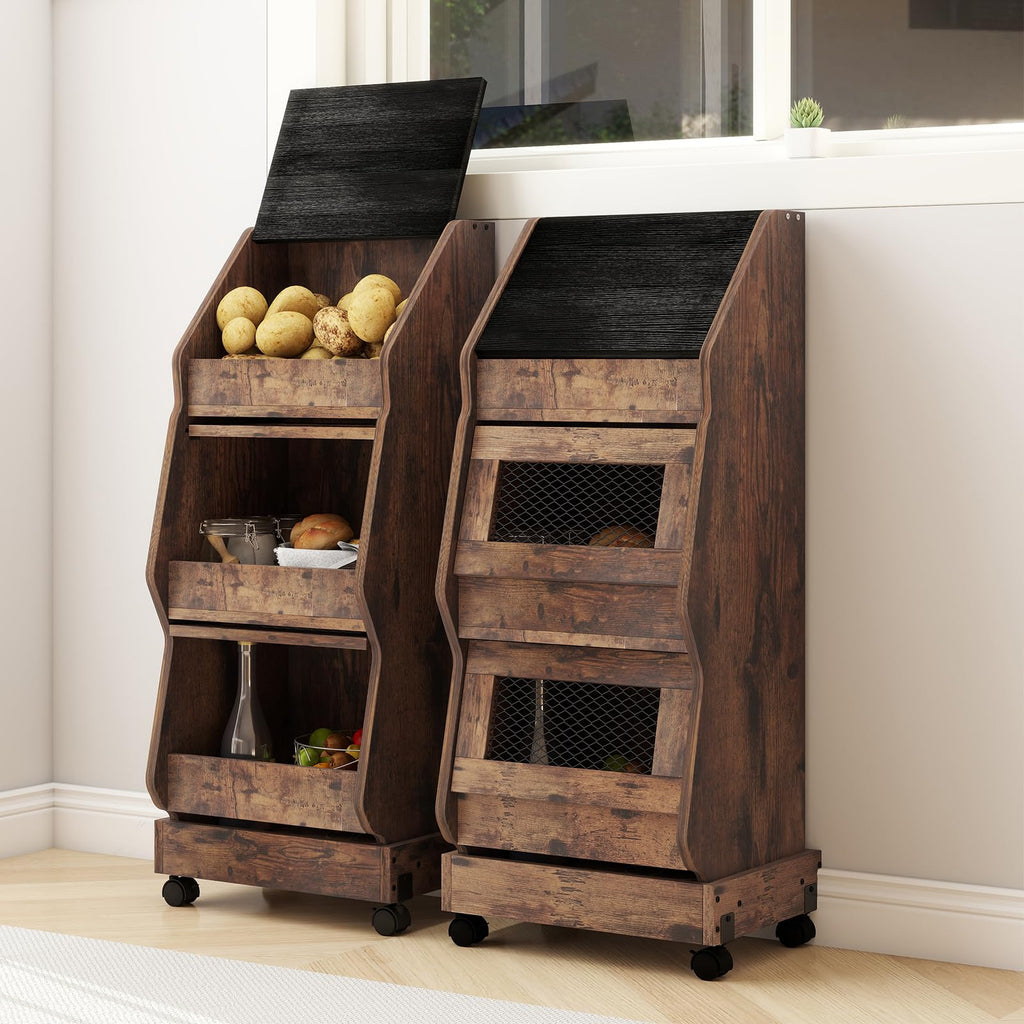 Potato and Onion Storage Bin Rustic Movable Bread Box with Wheels