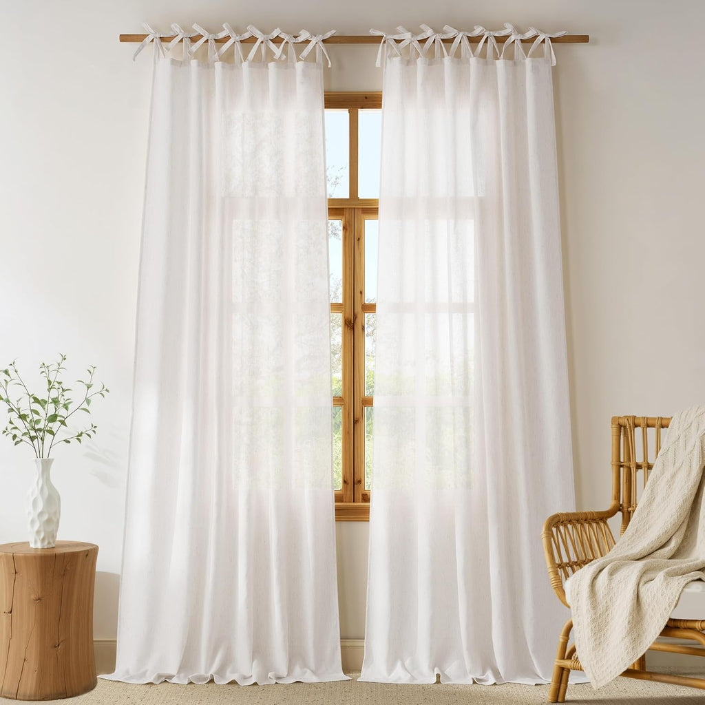 Thick Linen Tie Top Curtains, Light Filtering Drapes Adjustable DIY Crafted Privacy Window Treatments