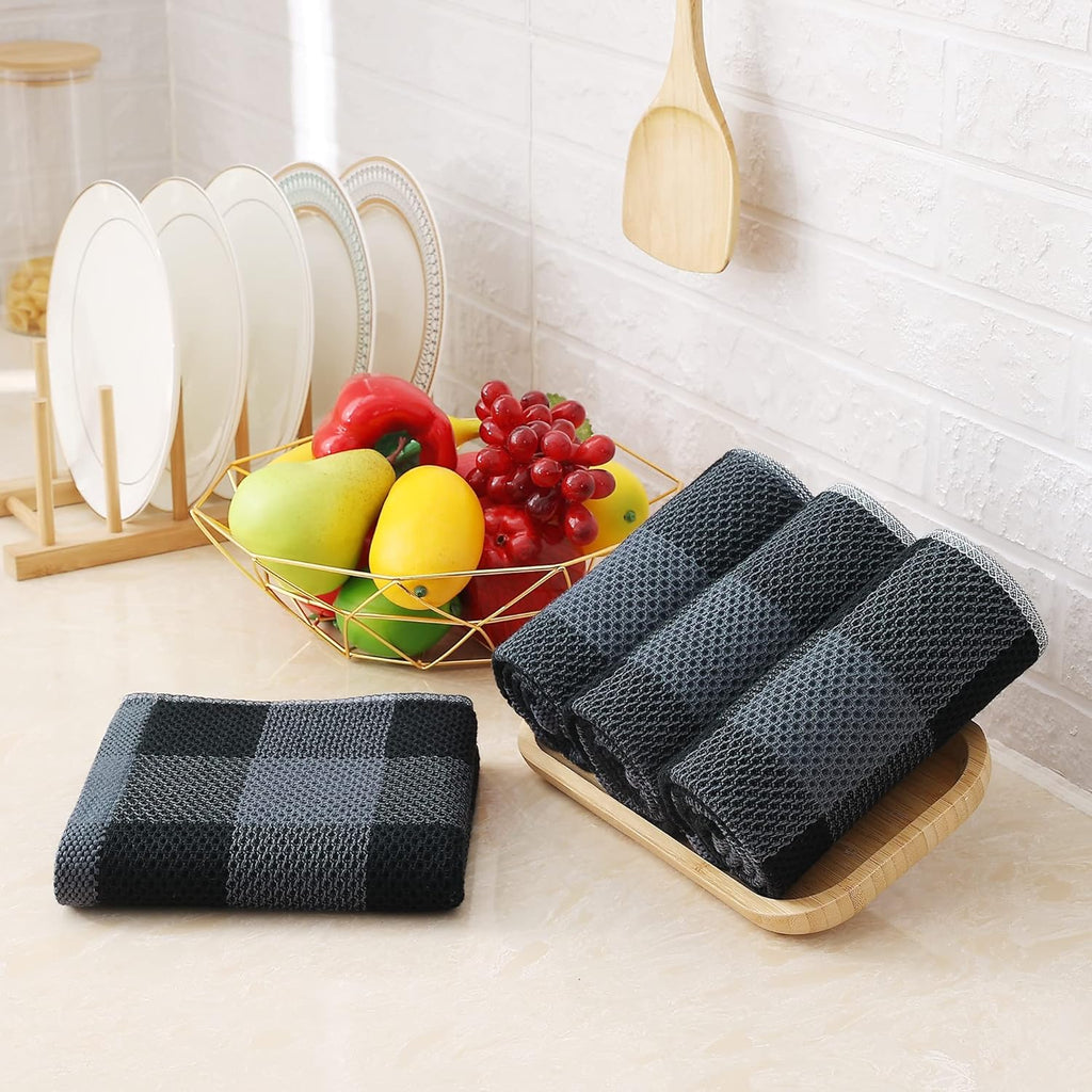 Kitchen Towels and Dishcloths Set, Set of 8, Black & Grey | Bulk Cotton Waffle Weave Check Plaid Kitchen Towels