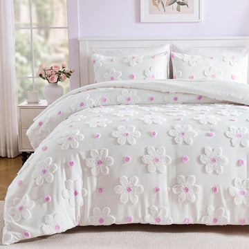 Comforter Set for Girls 3 Pieces Soft Pink Tufted Daisies Flowers Bedding Set Bed in A Bag Cute Floral Comforter