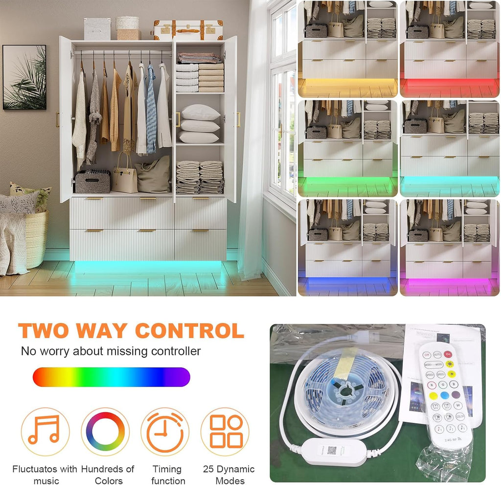 Armoire Wardrobe Closet with 3 Door, Mirror, LED Lights | Hanging Rod, Drawers, Bedroom Armoires - Large Capacity