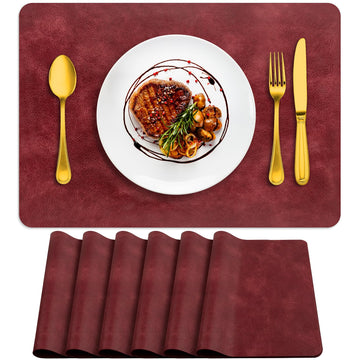 Fall Placemats Set of 6, Heat Resistant Faux Leather, Wine Red