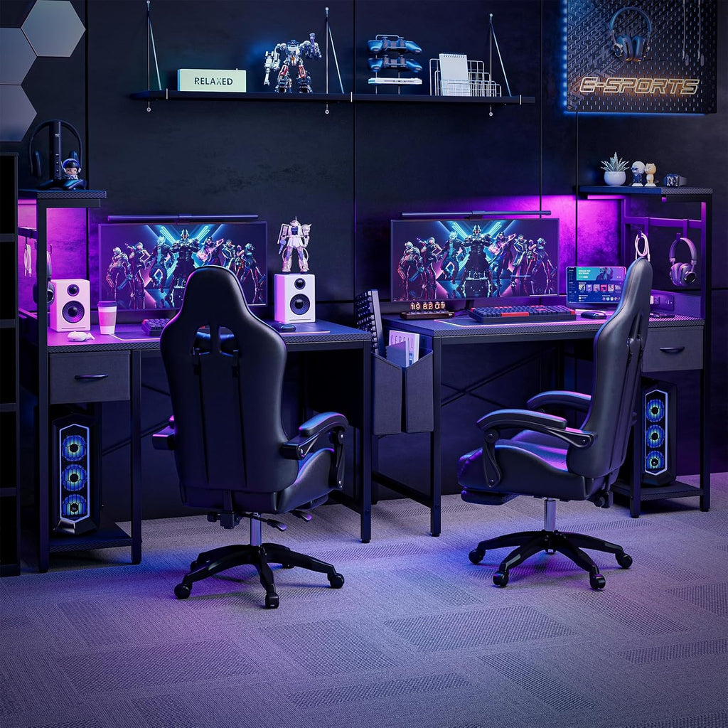 Gaming Desk 55 Inch with Power Outlet and LED Light, Computer Desk with Reversible Shelves and Storage Drawer, Pc