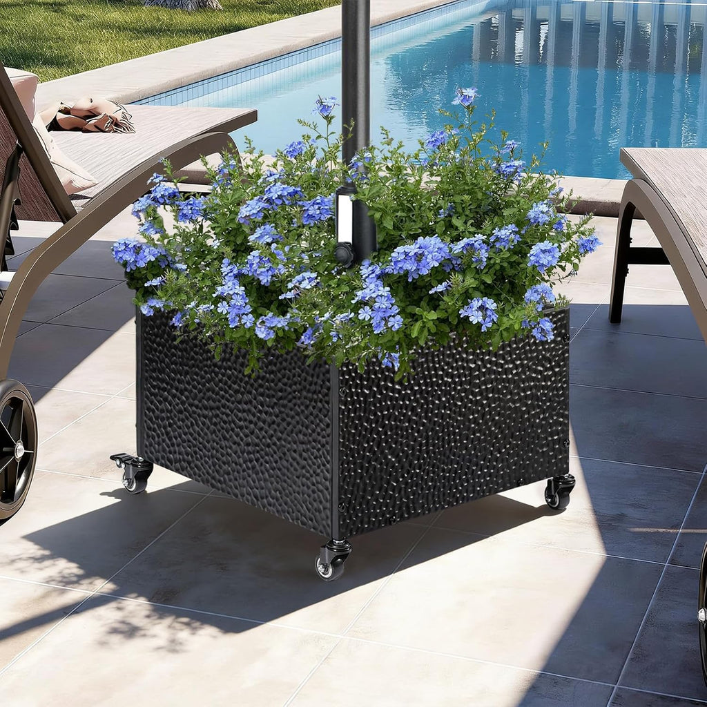Heavy-Duty Metal Umbrella Base Stand with Wheels, 150lb Capacity Portable Fillable Planter - Black
