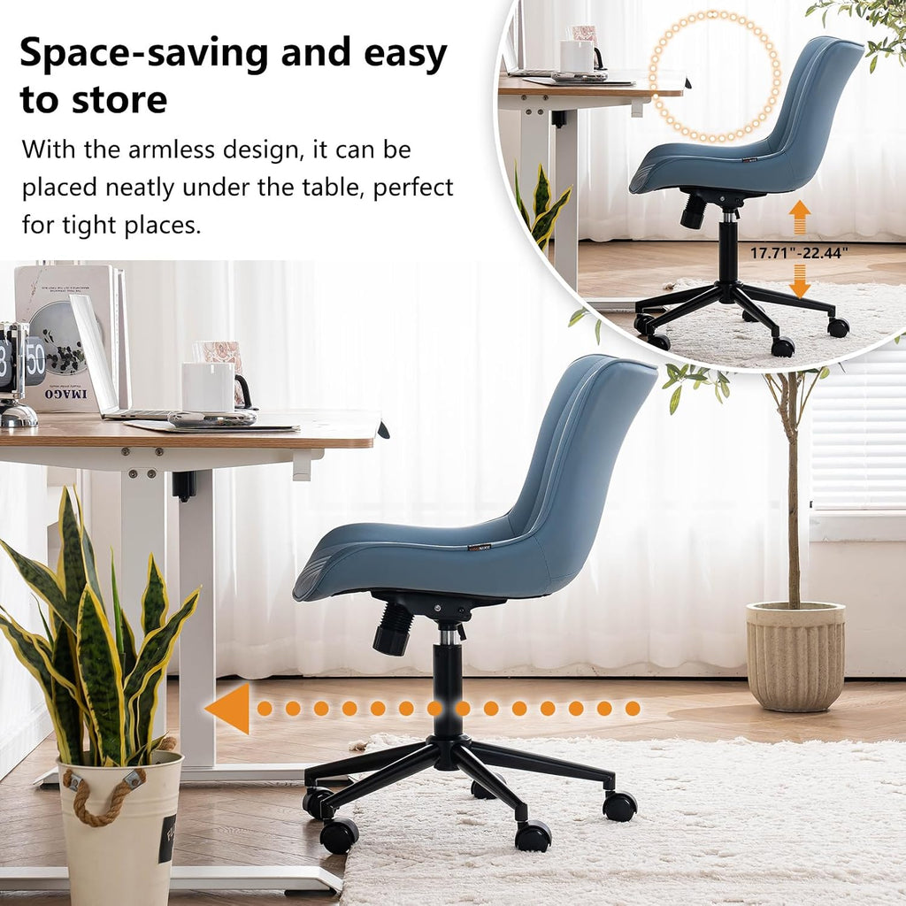 Blue Office Desk Chair with Wheels Comfy Armless Vanity Chair with Back Modern Small Faux Leather Upholstered Rolling