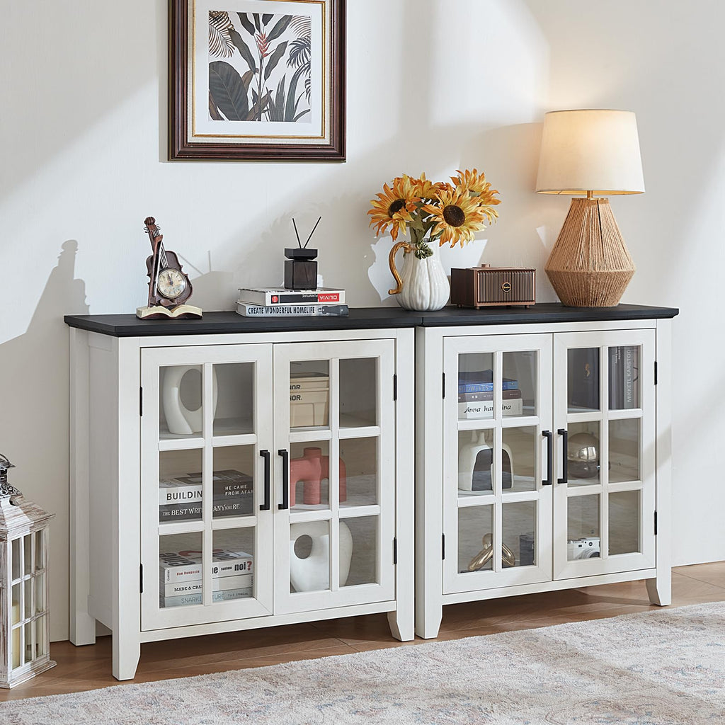 Large Sideboard Buffet Cabinet with Storage, 32" Farmhouse White Kitchen Coffee Wine Bar Cabinet with 4 Glass Doors