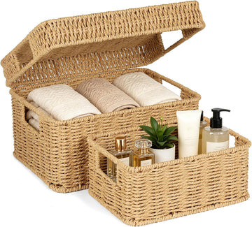 Wicker Storage Basket with Lid for Shelves, Set of 2, Natural | One rectangular wicker basket with lid and one open