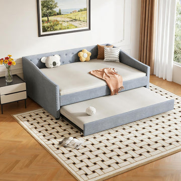 Full Size Upholstered Daybed with Trundle | Twin Size Trundle,Button-Tufted Back, Piping on Waved-Shape Arms, Solid
