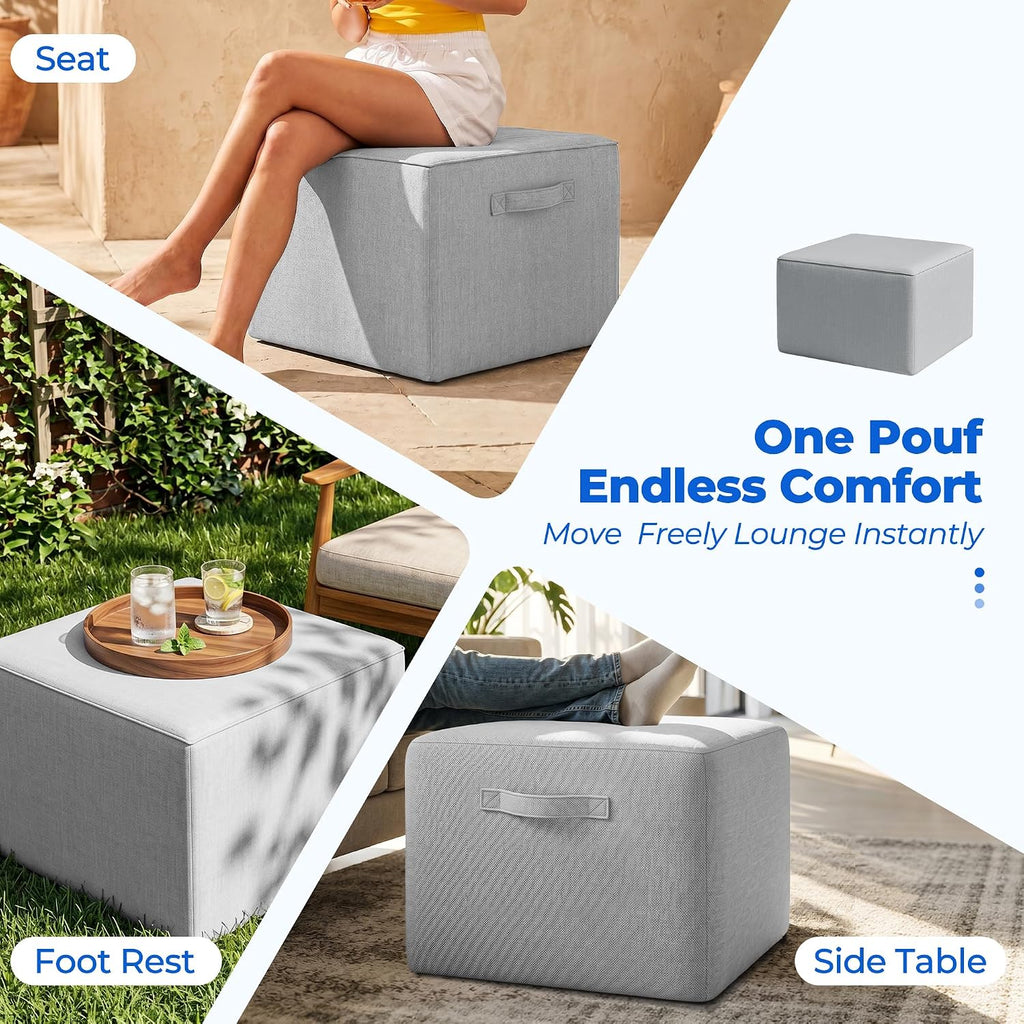 Square Outdoor Ottoman Pouf, 24" Waterproof Patio Foot Rest, Light Gray | Ottoman Foot Rest, Comfy Footstool