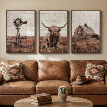 Framed Highland Cow Wall Art , Set of 3 Pieces Modern Farmhouse Canvas Prints, Brown Rustic Country Barn Wall Decor