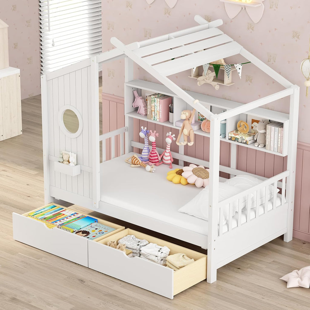 Twin Size House Bed with Storage Drawers,Kids House Bed Frame with Shelves,Cute Wood House Bed Twin with Roof for