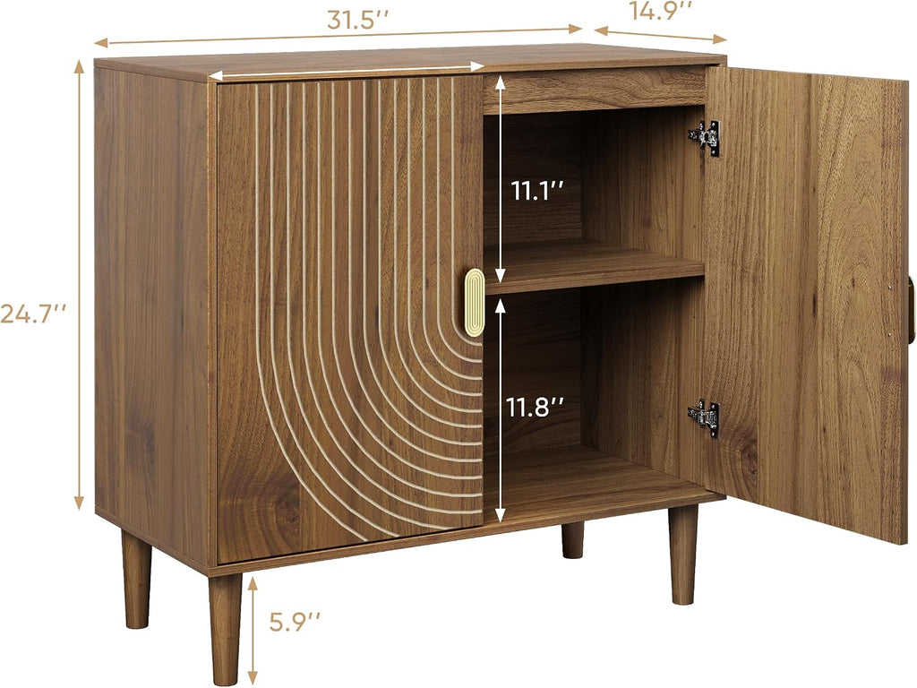 Walnut Sideboard Cabinet, Freestanding Buffet Cabinet with Line Groove Design, Wood Storage Cabinet with Adjustable