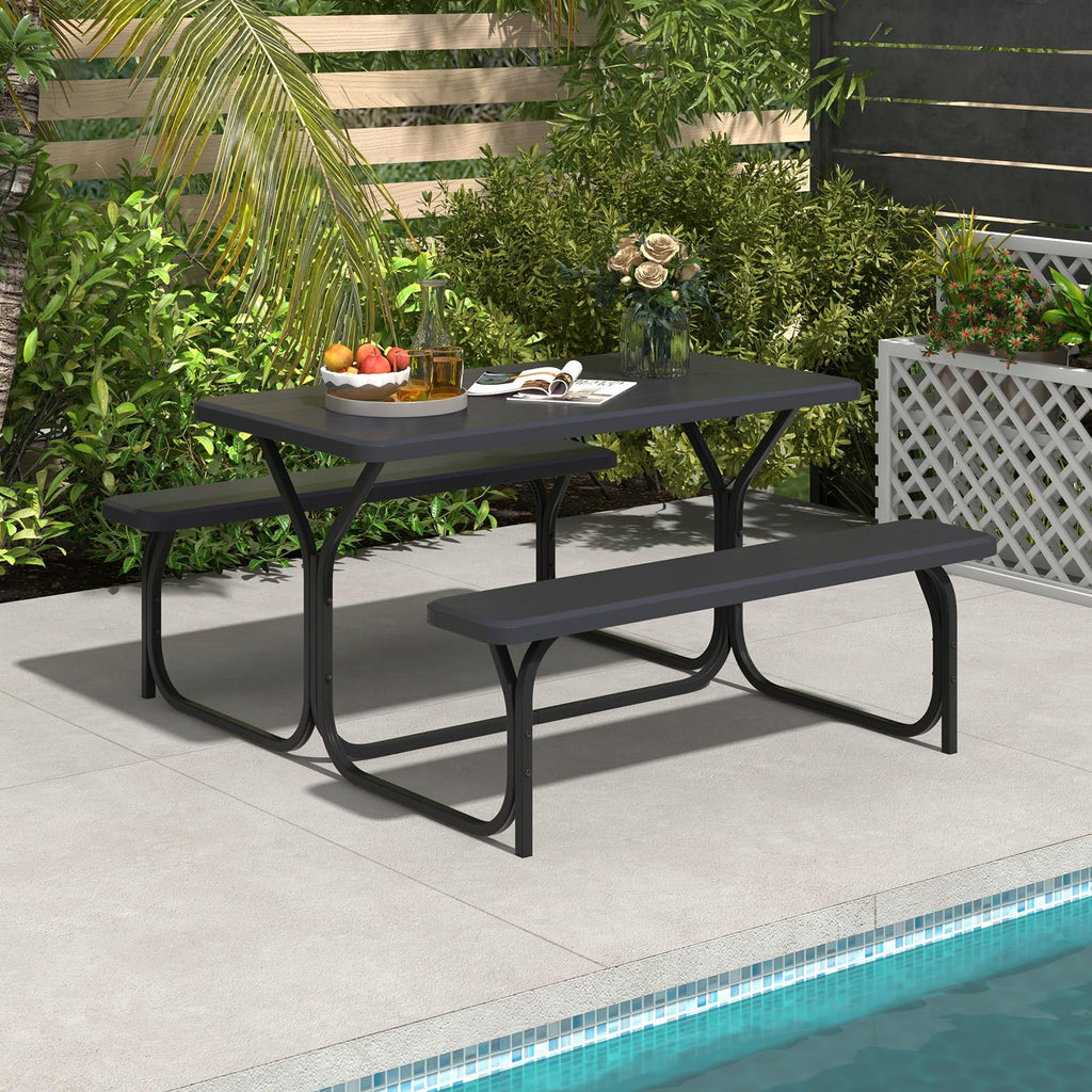Picnic Table, 59" Plastic Picnic Table with Benches, Steel Frame & Wood-Like Texture Tabletop, Expanded Rectangular