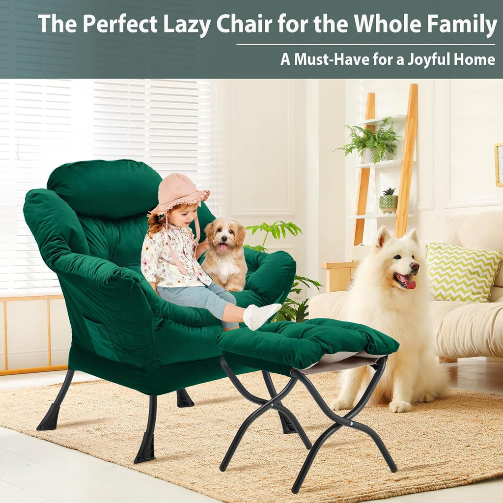 Lazy Chair with Folding Ottoman, Accent Chair Velvet Upholstered with Metal Structure and Non-Slip Pads, Sofa