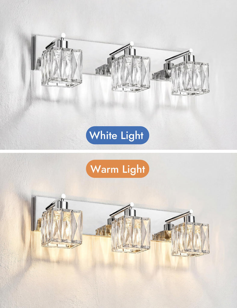 3-Light Crystal Bathroom Vanity Light Square, Chrome
