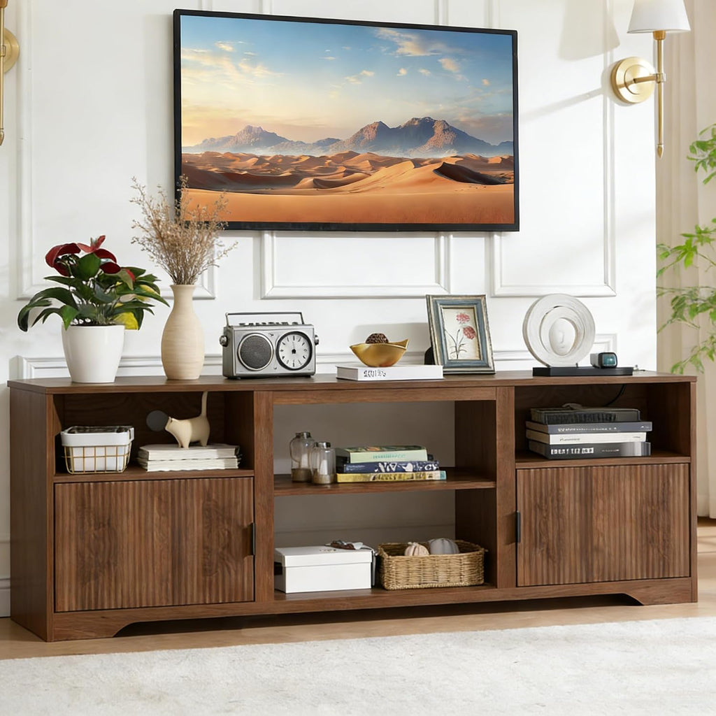 Fluted TV Stand for Tvs up to 80",Mid Century Modern TV Stand with Open Adjustable Shelf,Entertainment Center Wood TV