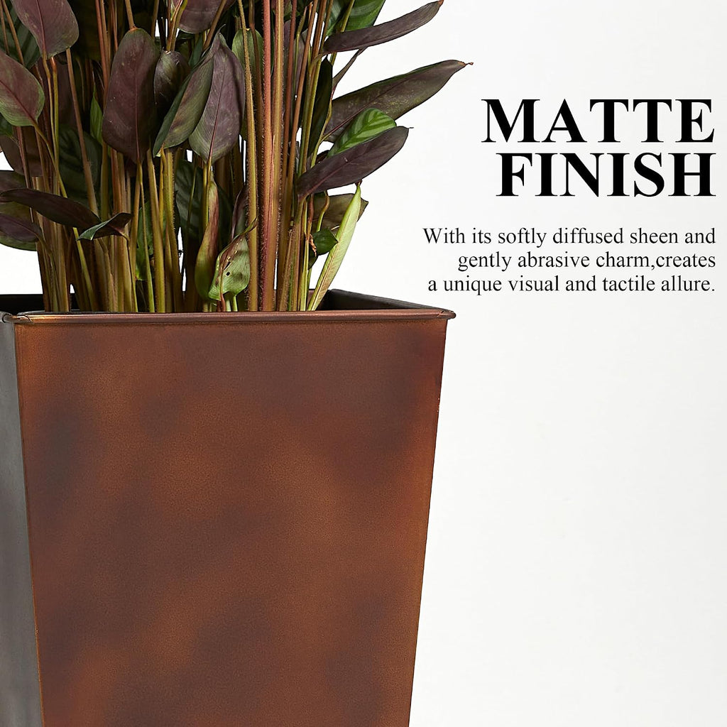 12" Dia x 28" H Large Metal Planter Set of 2, Matte Bronze Retro Finish Tall Square Tapered Steel Plant Pots, Decor