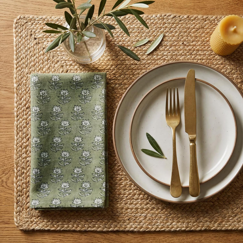 Set of 12 Floral Cloth Napkins Green Linen Cloth Napkins