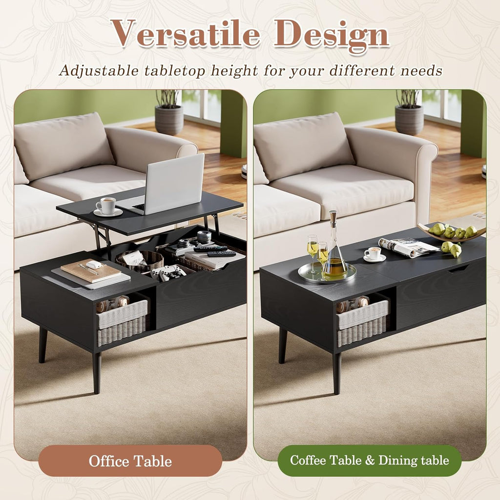 Wood Lift Top Coffee Table with Hidden Compartment and Large Storage Shelf