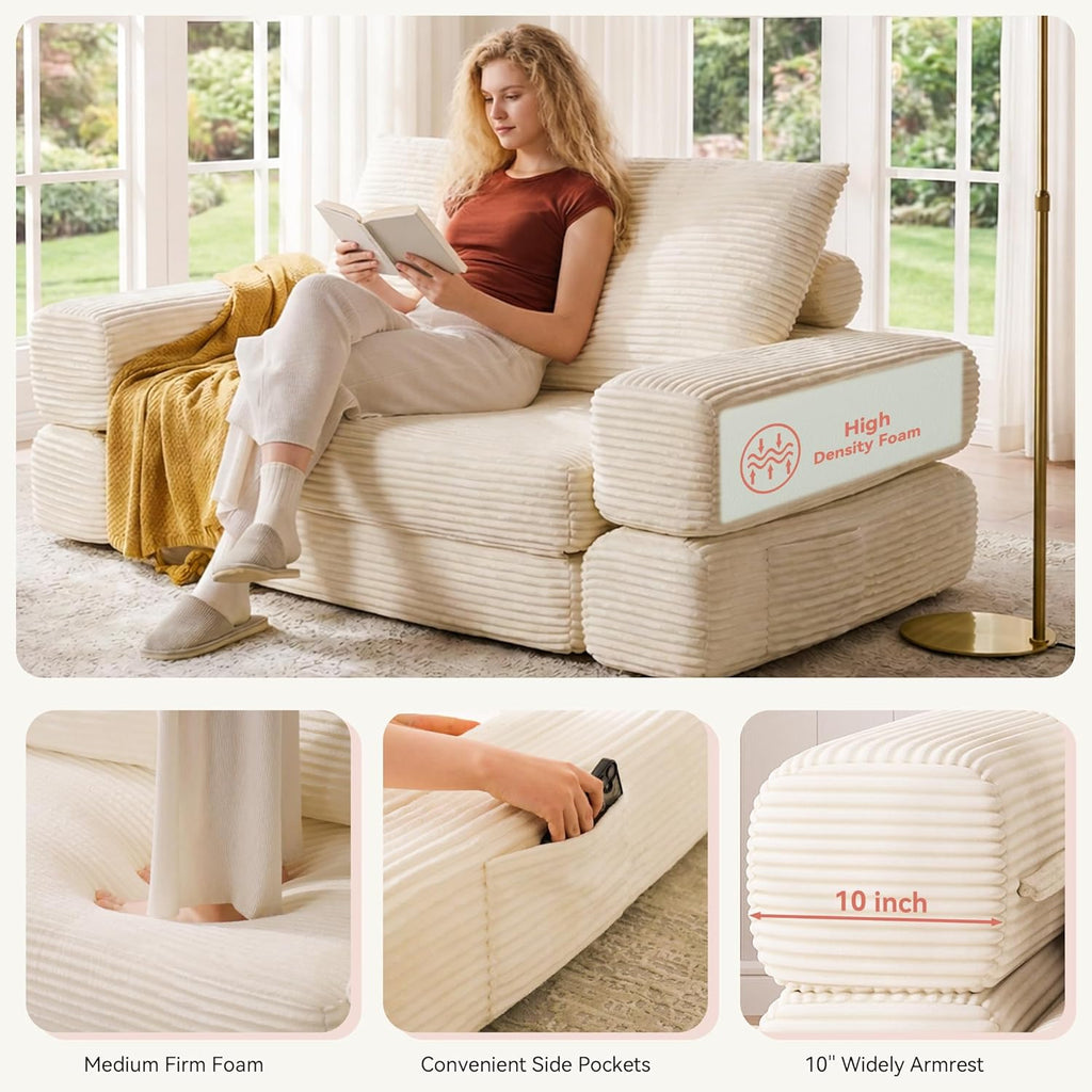 4-in-1 Convertible Folding Sofa Bed, 78"W x 68"L Queen Size Foldable Sleeper Sofa Bed, Wide Corduroy Upholstery