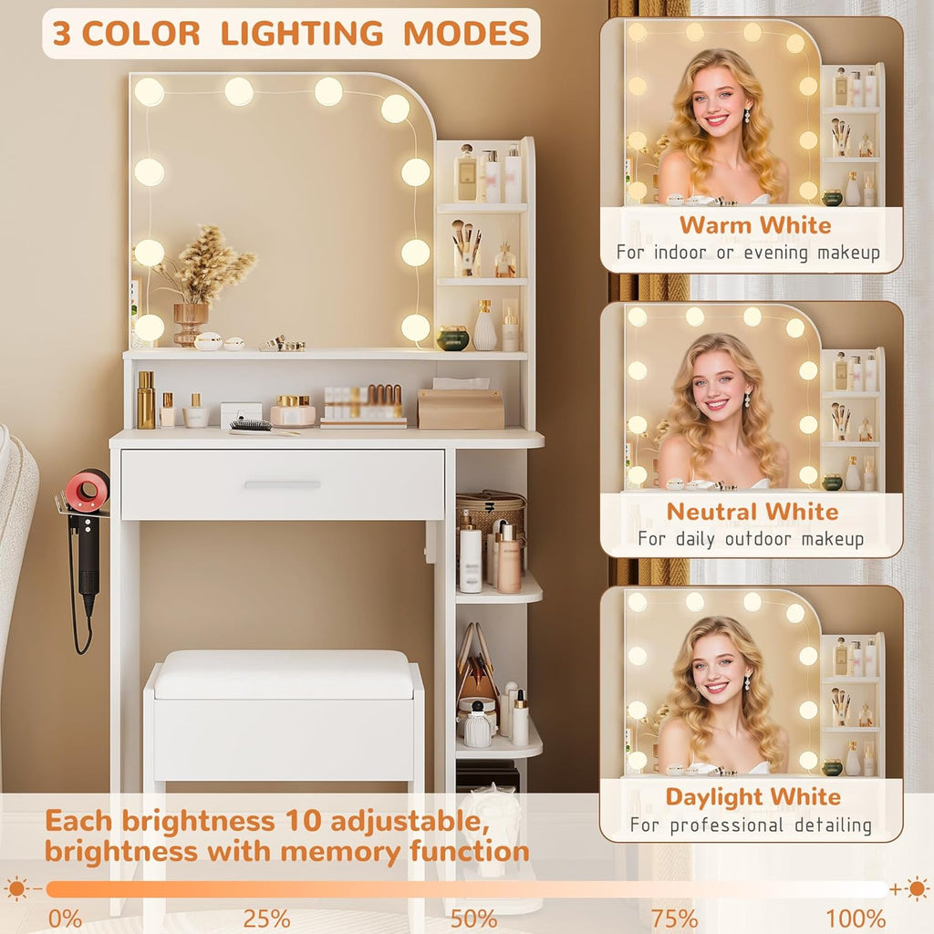 Small Vanity, Set with Big Mirror, Lights & Chair, for Girls, White | Small footprint, huge storage, 14.2×26.5×54.4"