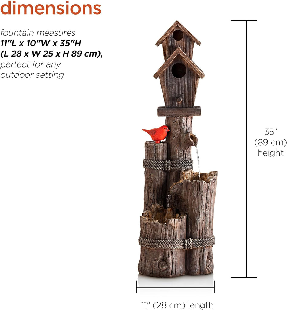 35" Tall Outdoor 3-Tier Birdhouse Water Fountain with Cardinal Accent, Rustic Floor Decor and Patio, Brown