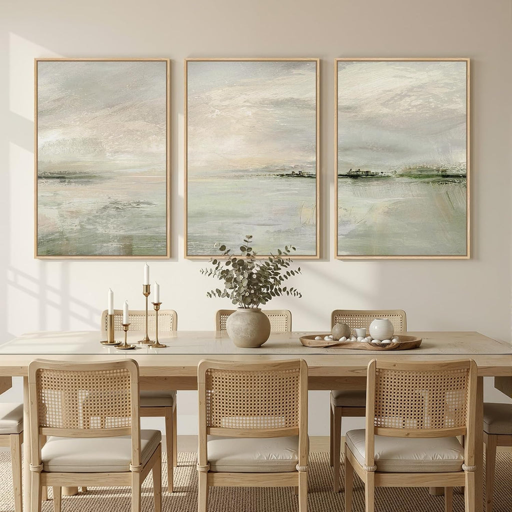 Large Framed Sage Green Abstract Landscape Wall Art , 3 Piece Modern Canvas Prints Paintings Artwork for Walls