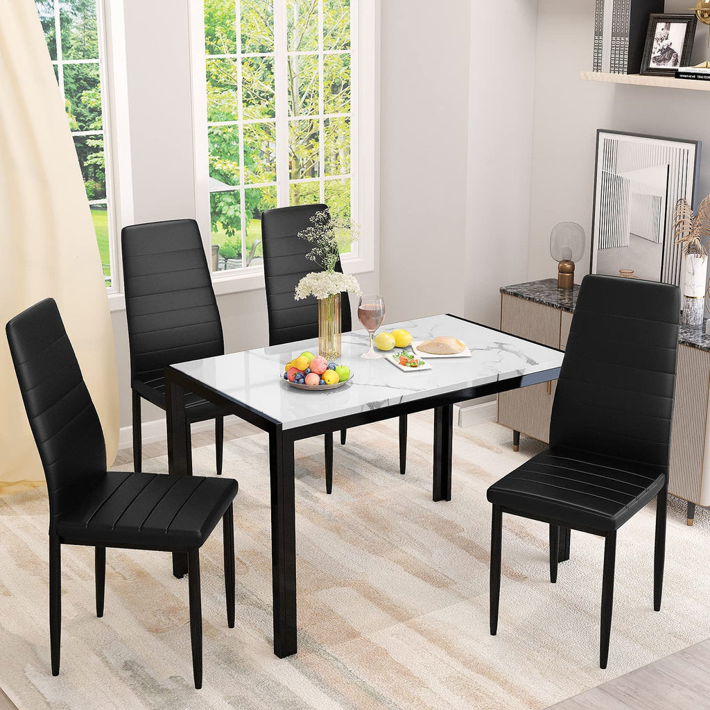 Faux Marble Dining Table Set for 4, Rectangular Faux Marble Table and 4 PU Leather Chairs, 5 Pieces Kitchen Table