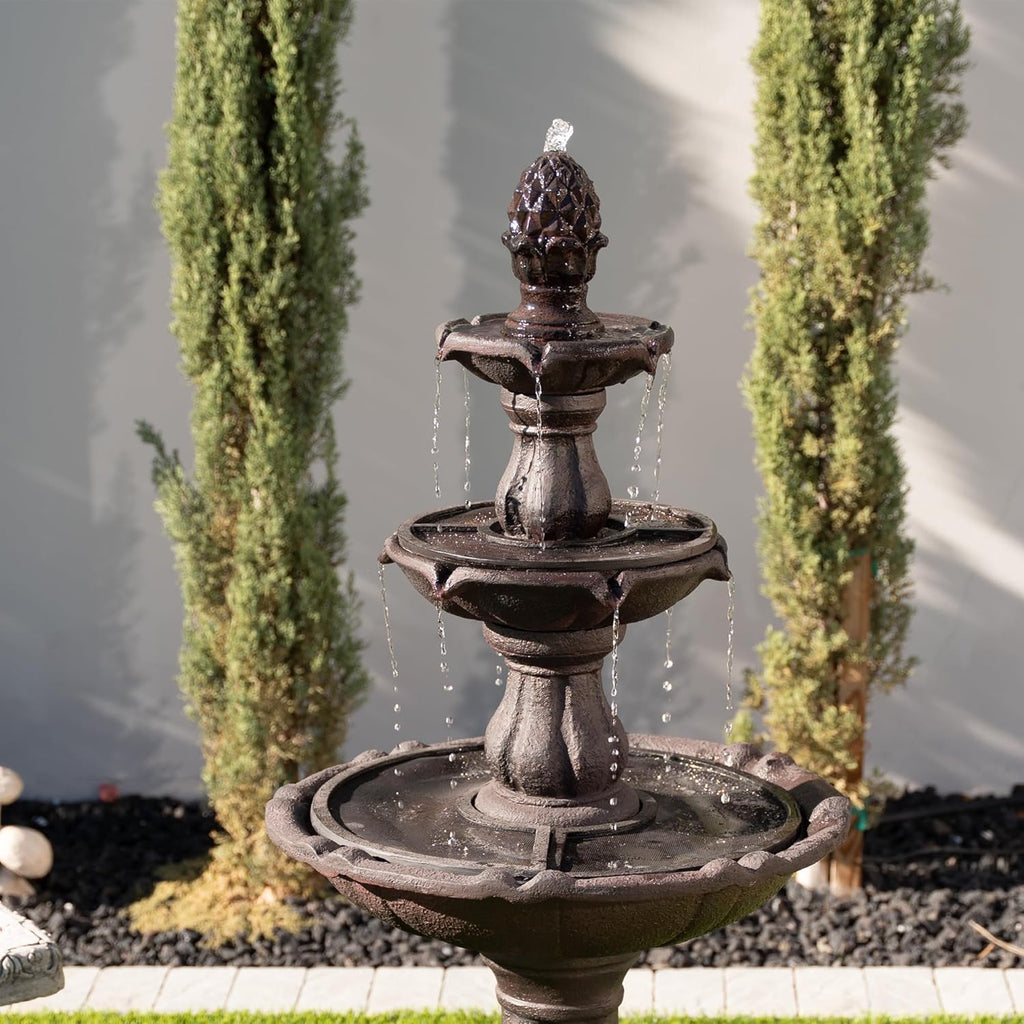 51" 3-Tier Outdoor Waterfall Fountain, Weather-Resistant Resin Freestanding Water Feature with Pump, Brown