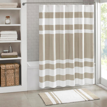 Spa Waffle Shower Curtain , 72 x 72, Taupe | Striped, Pieced Fabric Design, 3M Scotchgard Moisture Management, Hotel