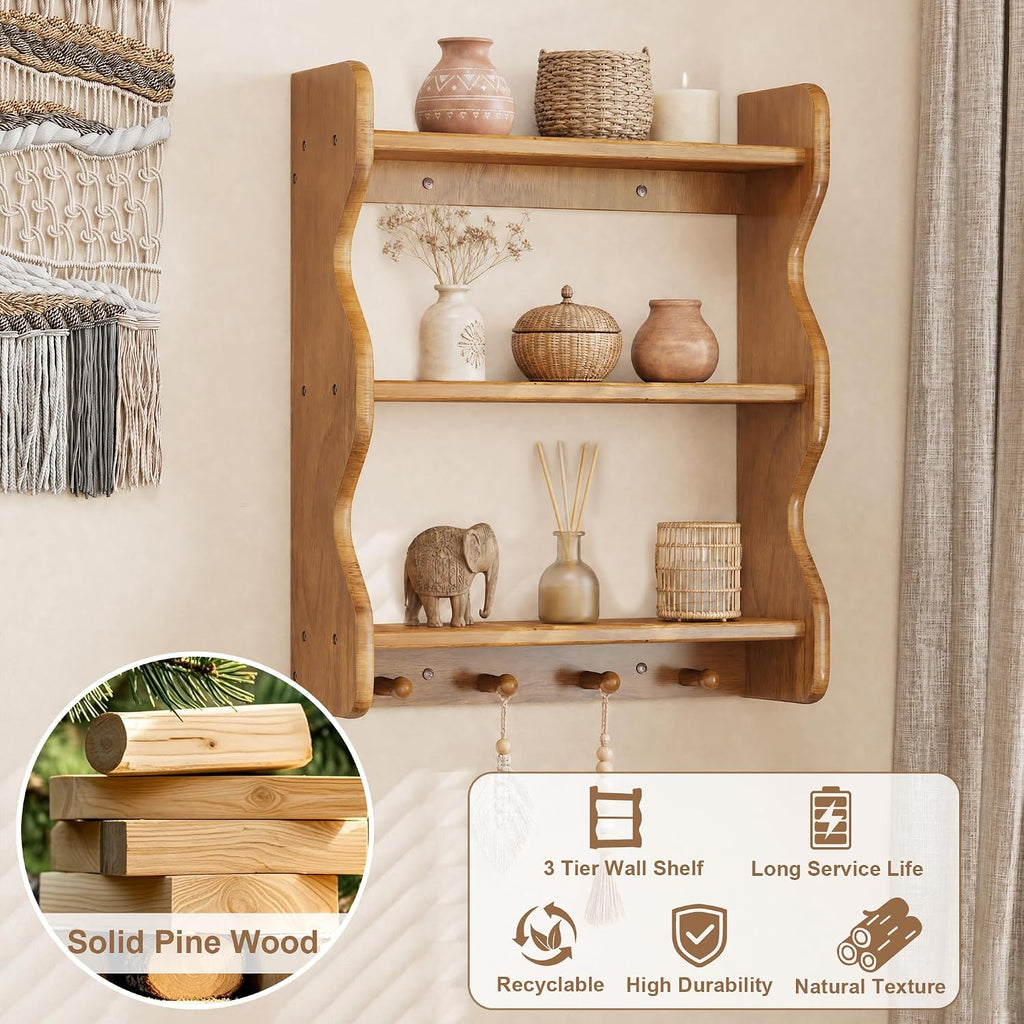 3 Tier Wooden Floating Wall Shelves with Hooks, Rustic Farmhouse Wall Mounted Storage Shelf, Decorative Curved Side
