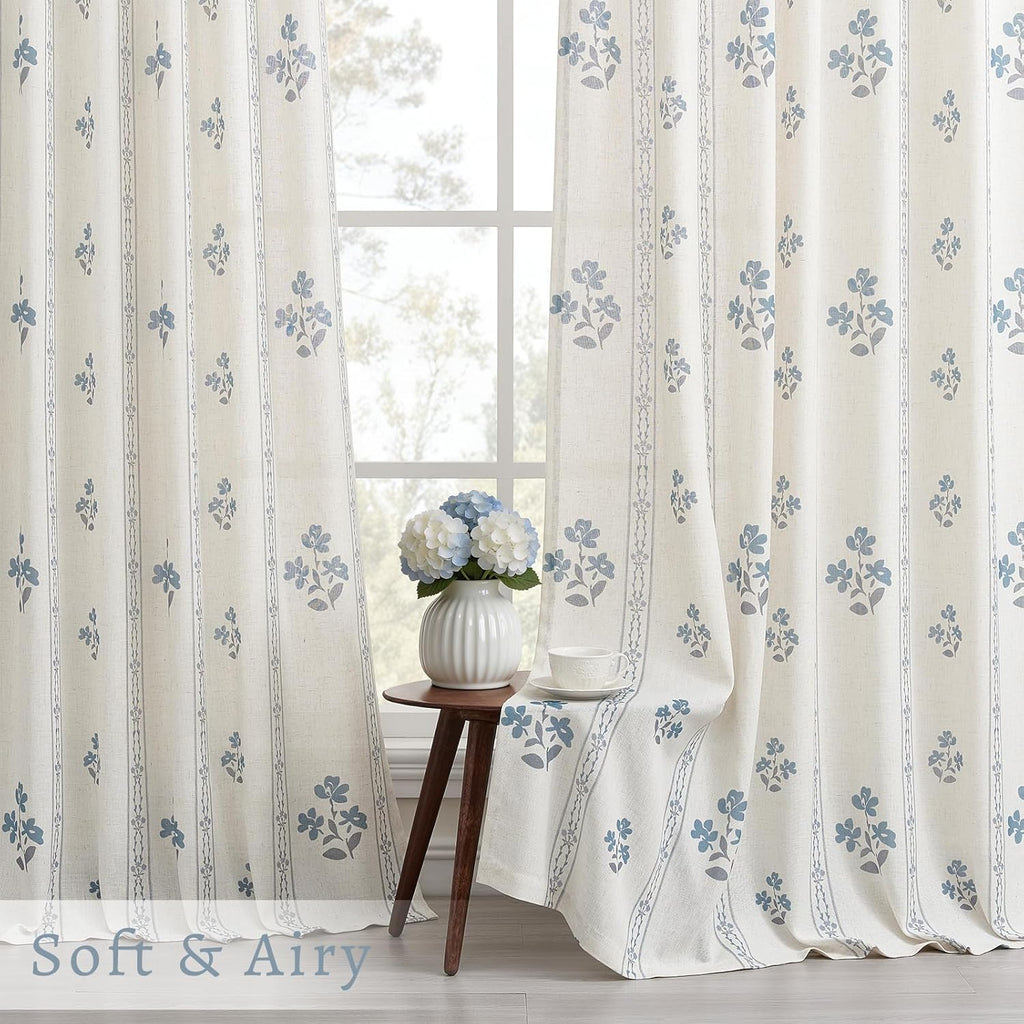 Blue Grey Pinch Pleated Floral Curtains for Living Dining Room Pinch Pleat Light Filtering Linen Semi