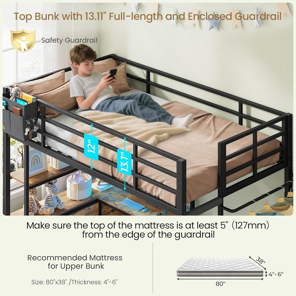 Bunk Bed with L-Shaped Desk,5 Storage Drawers and 2 Shelves Metal Twin XL Over Twin Bunk Bed with LED Lights and Charging Station,bunk Beds with Safety Guardrail & Ladder,Space-Saving,Black