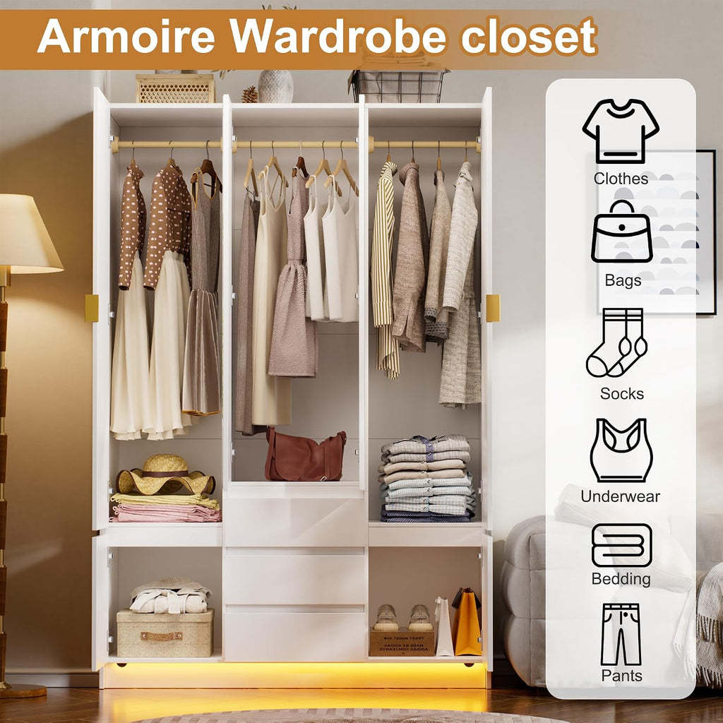 4 Doors Armoire Wardrobe Closet with Led Light & Mirror, Bedroom Large Capacity Freestanding Armoire Wardrobe with