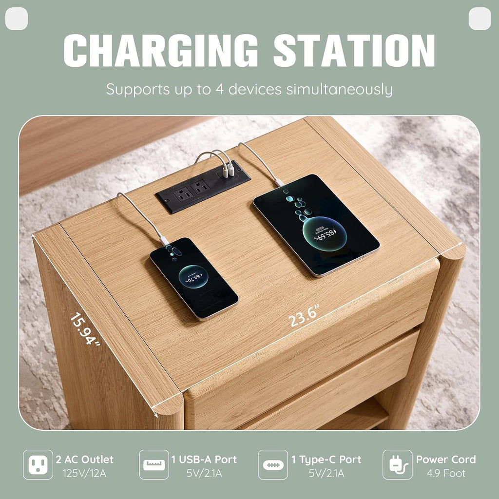 25" Tall Modern Nightstand with Charging Station, 23.6" W Night Stand with 2 Storage Drawers & Open Shelf, Wood