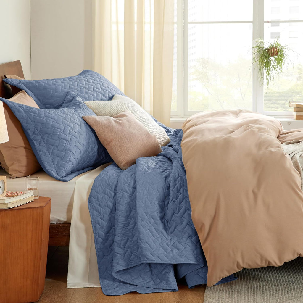 Quilts - Lightweight Bedspreads with Basket Weave Pattern, Soft Quilt Bedding Set, Mineral Blue Comforter