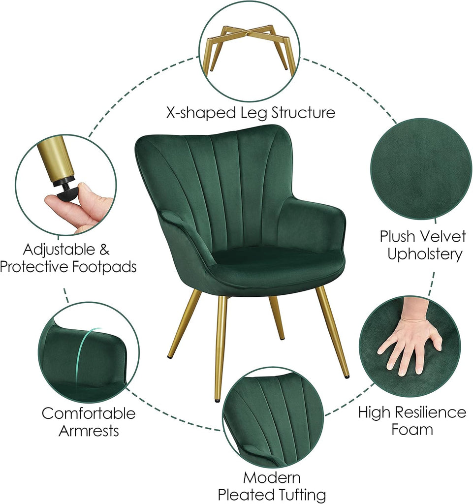 Velvet Accent Chair, Modern Armchair Vanity Chair with Wing Side and Metal Legs, Cozy and Soft Padded and High Back