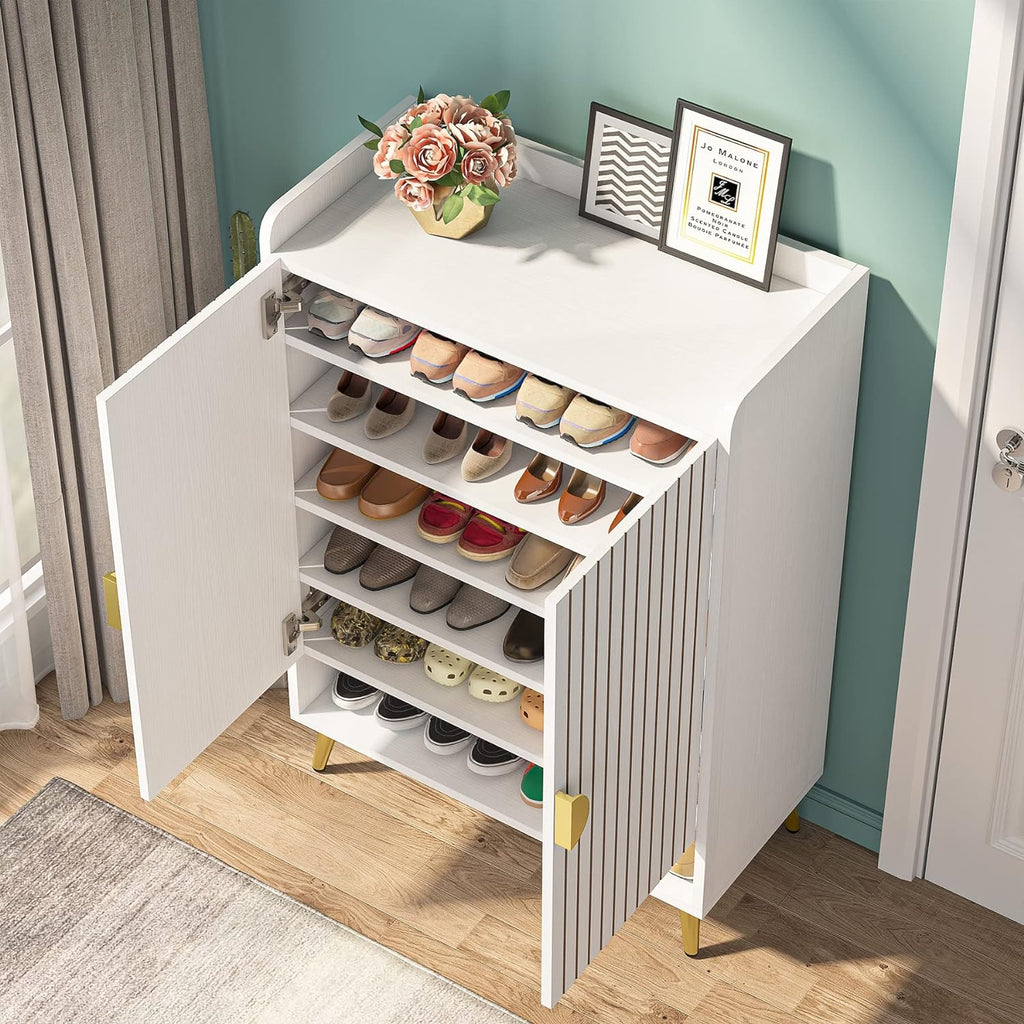 Shoe Cabinet with Doors, 6-Tier Shoe Storage Cabinet with Adjustable Shelves, Wooden Shoes Rack Shoe Storage