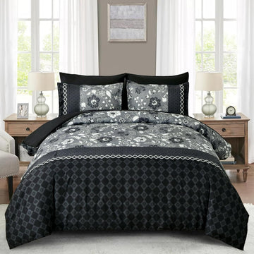 Black Comforter Set Queen, 7 Pieces Bed in a Bag Floral Geometric Patchwork Soft Microfiber Comforter Bedding Set with Comforter, Flat Sheet, Fitted Sheet, Pillow Shams,Pillowcases